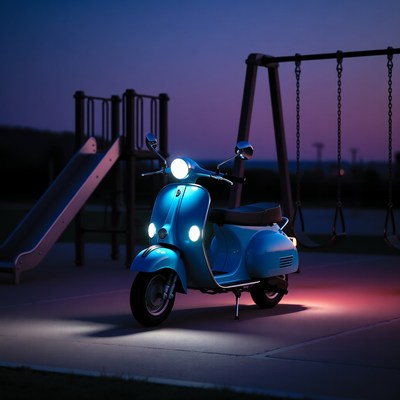 Blue Vespa Scooter at Night Playground