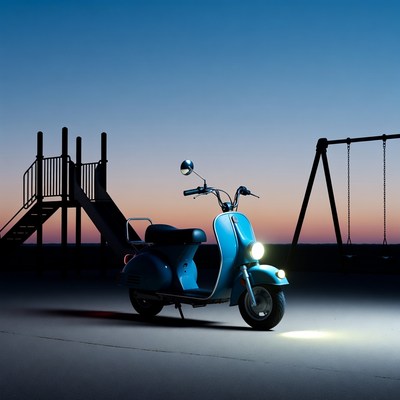 Blue Vespa Scooter at Playground Sunset