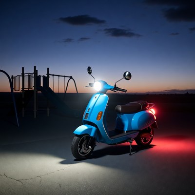 Blue Vespa Scooter at Night Playground