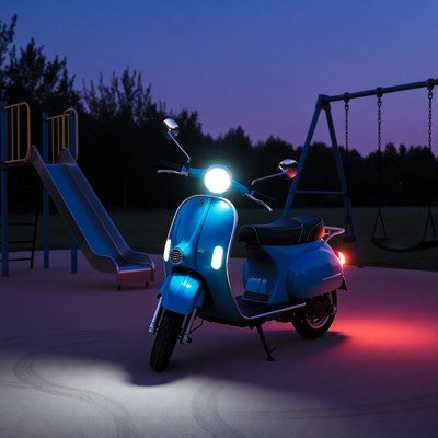 Blue Vespa Scooter at Night Playground