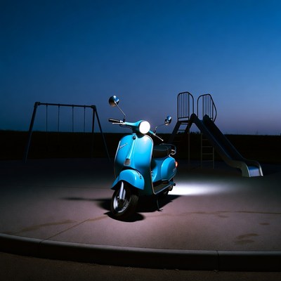 Blue Vespa Scooter at Night Playground