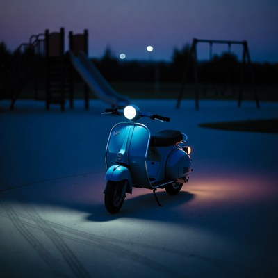 Blue Vespa scooter at playground night