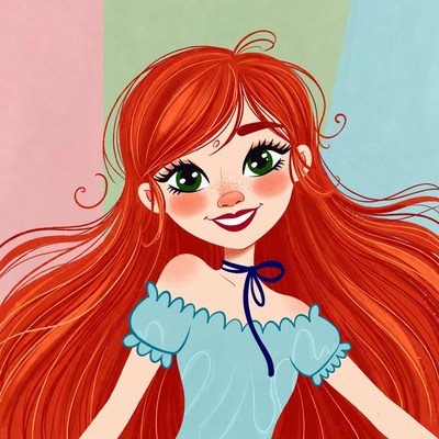 Redhead girl in blue off-shoulder dress