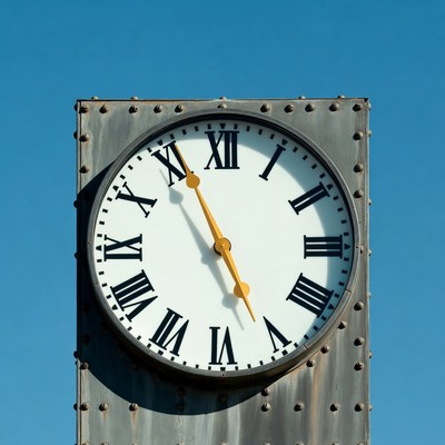 Large Roman numeral clock on blue sky
