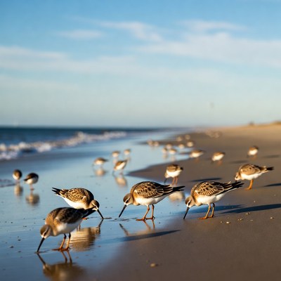 Flock of Sanderlings Foraging on Beach
