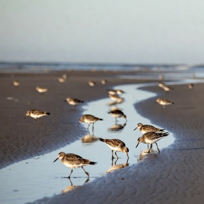Flock of shorebirds on beach