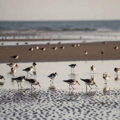 Flock of shorebirds on beach