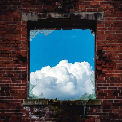 Blue Sky Through Broken Brick Window