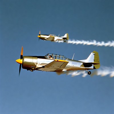Two aerobatic biplanes flying with contrails