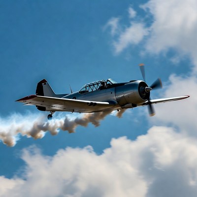 Silver biplane trailing smoke in sky