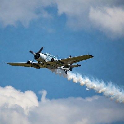 Silver Propeller Plane Flying with Smoke Trail