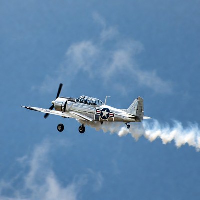 T-6 Texan Airplane Flying with Smoke Trails