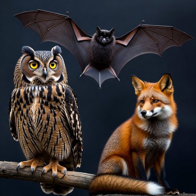 Owl Fox and Bat on branch