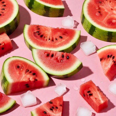 Fresh watermelon slices with ice cubes