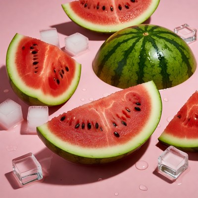 Fresh watermelon slices with ice cubes