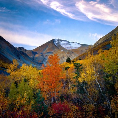 Autumn Mountains with Snow-Capped Peak