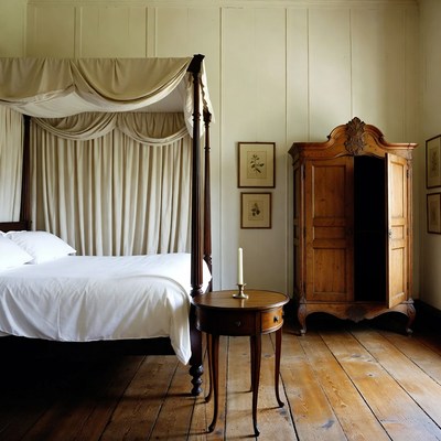 Elegant Four-Poster Bed with Armoire