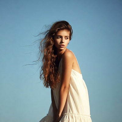Woman with flowing hair in white dress