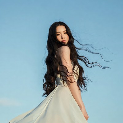 Asian woman in white dress with flowing hair