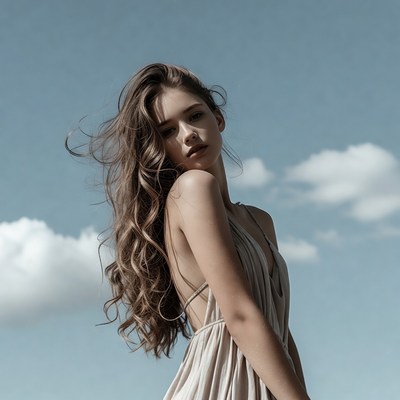 Young woman in flowing dress with wind-swept hair