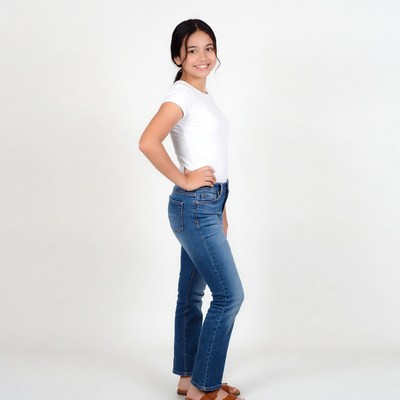 Asian girl posing in white top jeans