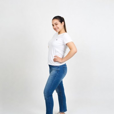 Young woman posing in white shirt jeans