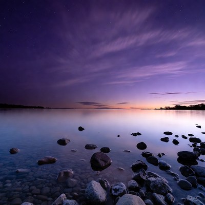Purple Twilight Lake with Rocks