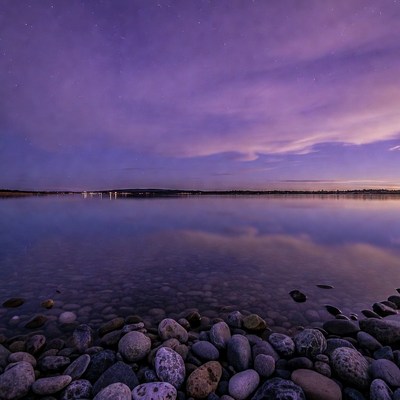 Purple Night Sky over Reflective Lake Shore