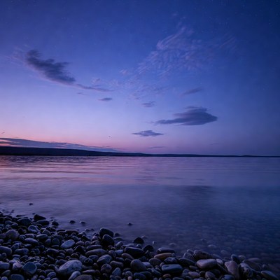 Twilight Lake with Pebbles and Clouds