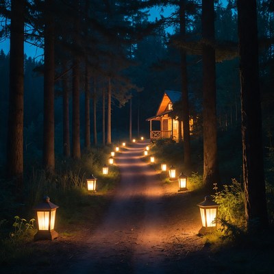Lit Path to Forest Cabin at Night