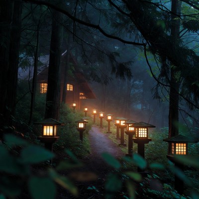 Lantern-Lit Path to Forest Cabin