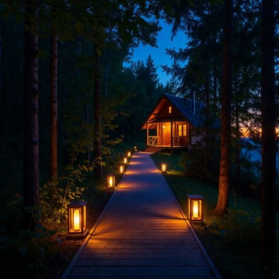 Lit Wooden Path to Forest Cabin at Night