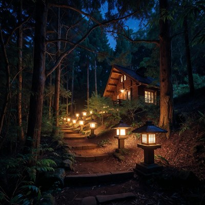Japanese Cabin with Lantern-Lit Path