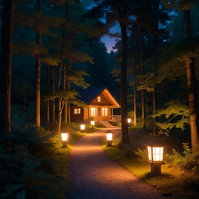 Lit Cabin in Night Forest