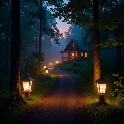 Cozy Cabin in Foggy Forest Path