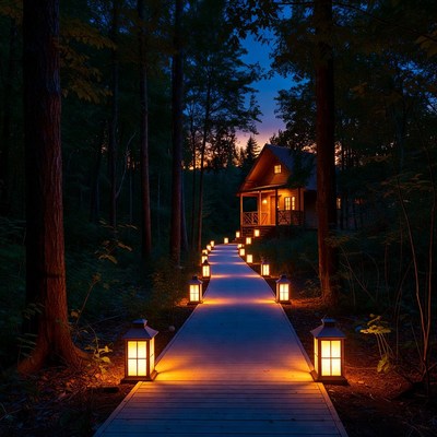 Lit Wooden Path to Forest Cabin at Night