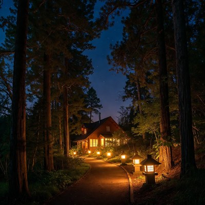 Cozy Cabin in Forest at Night