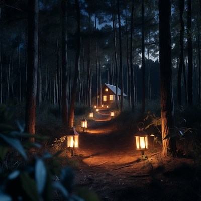 Cozy Cabin Lit by Lanterns in Dark Forest