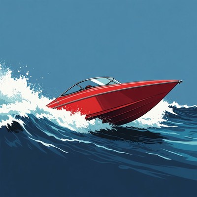 Red speedboat racing through waves