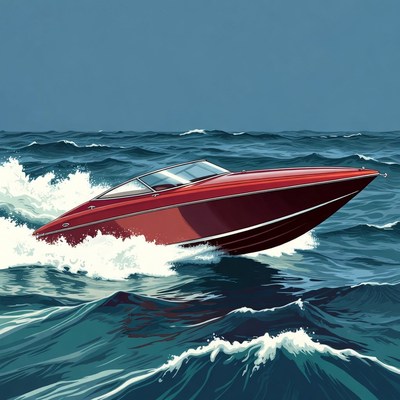 Red speedboat racing ocean waves