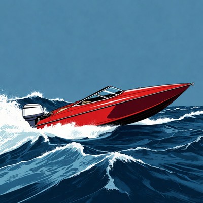 Red speedboat racing through waves
