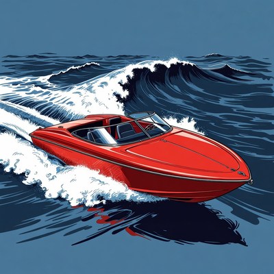 Red speedboat racing through ocean waves