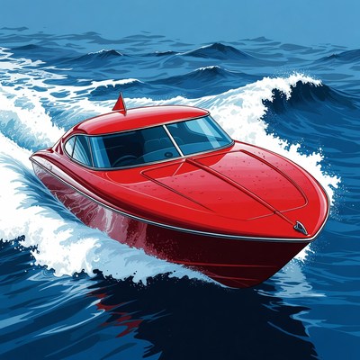 Red speedboat racing ocean waves