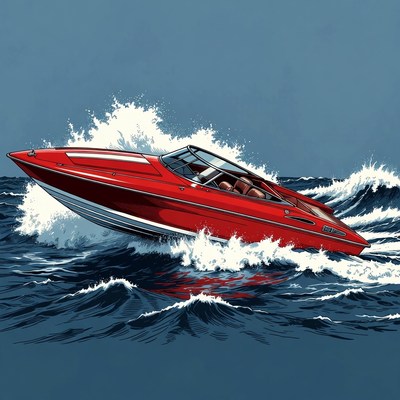 Red speedboat racing through waves