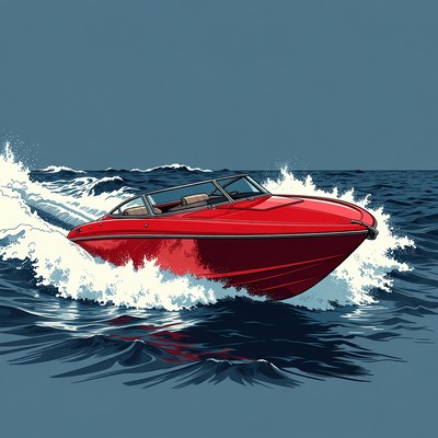 Red speedboat racing through ocean waves