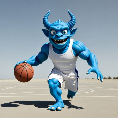 Blue demon dribbling basketball