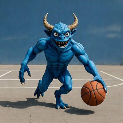 Blue horned goblin dribbling basketball