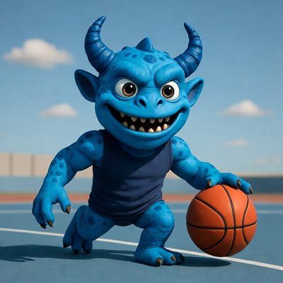 Blue demon dribbling basketball