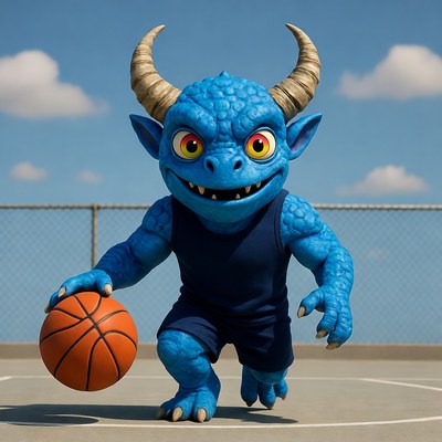 Blue horned goblin dribbling basketball