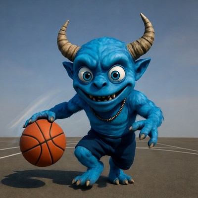 Blue demon holding basketball